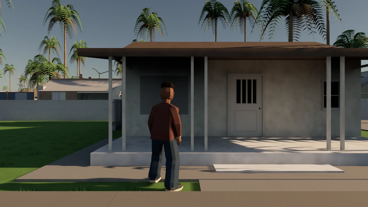 Resident standing outside a neighborhood house