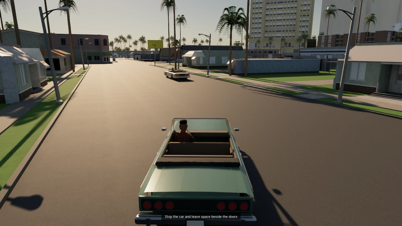 Third-person view of a resident driving a green convertible through South Central